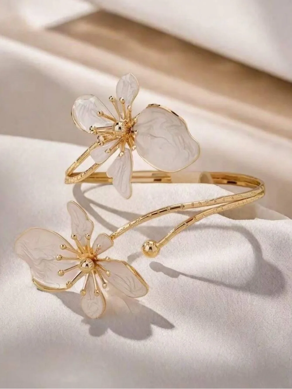 Anthropologie Gold-tone Cuff Bracelet with White Floral Accents
